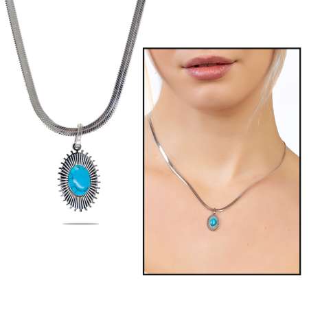 Gümüş Renk Kararmaz Metal Snake Zincirli Firuze Doğaltaşlı Kadın Kolye - Tesbihane