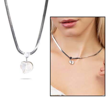 Gümüş Renk Kararmaz Metal Snake Zincirli Kalp Tasarım Sedef Doğaltaş Kombinli Kadın Kolye - Tesbihane