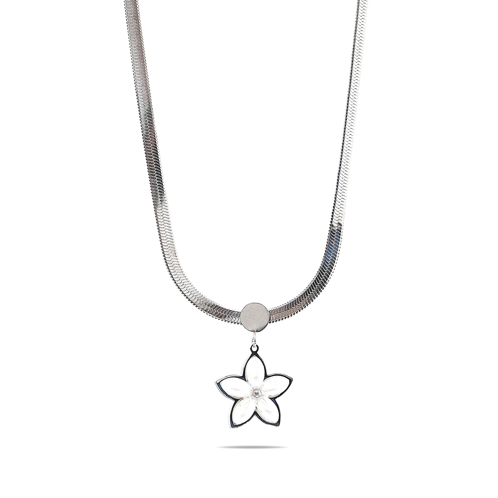 Gümüş Renk Kararmaz Metal Snake Zincirli Kır Çiçeği Detaylı İnci Doğaltaş Kombinli Kadın Kolye - 2