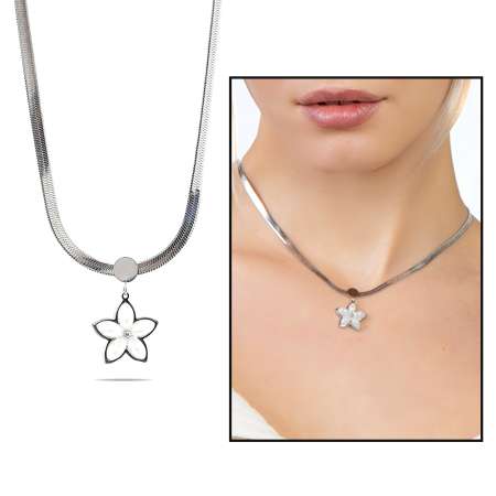 Gümüş Renk Kararmaz Metal Snake Zincirli Kır Çiçeği Detaylı İnci Doğaltaş Kombinli Kadın Kolye - Tesbihane