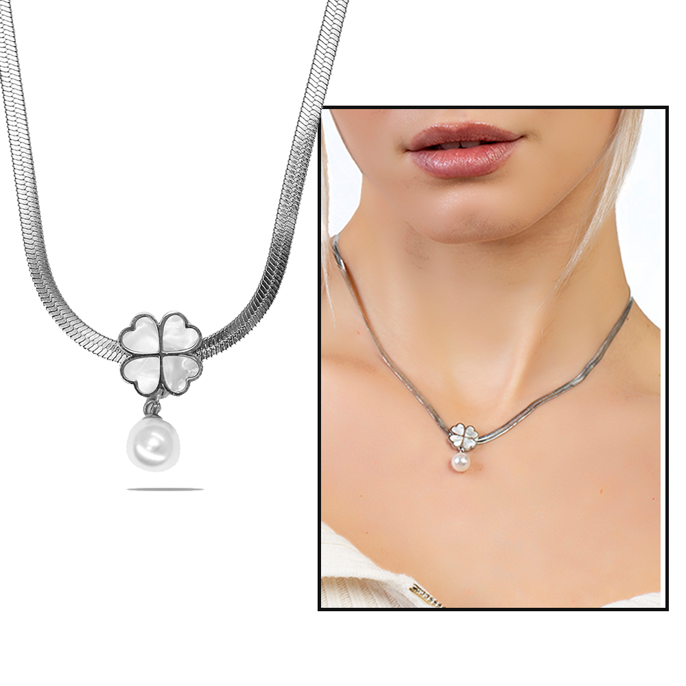 Gümüş Renk Kararmaz Metal Snake Zincirli Sedef Taşlı Yonca Yaprağı Detaylı İnci Doğaltaş Kadın Kolye - 1