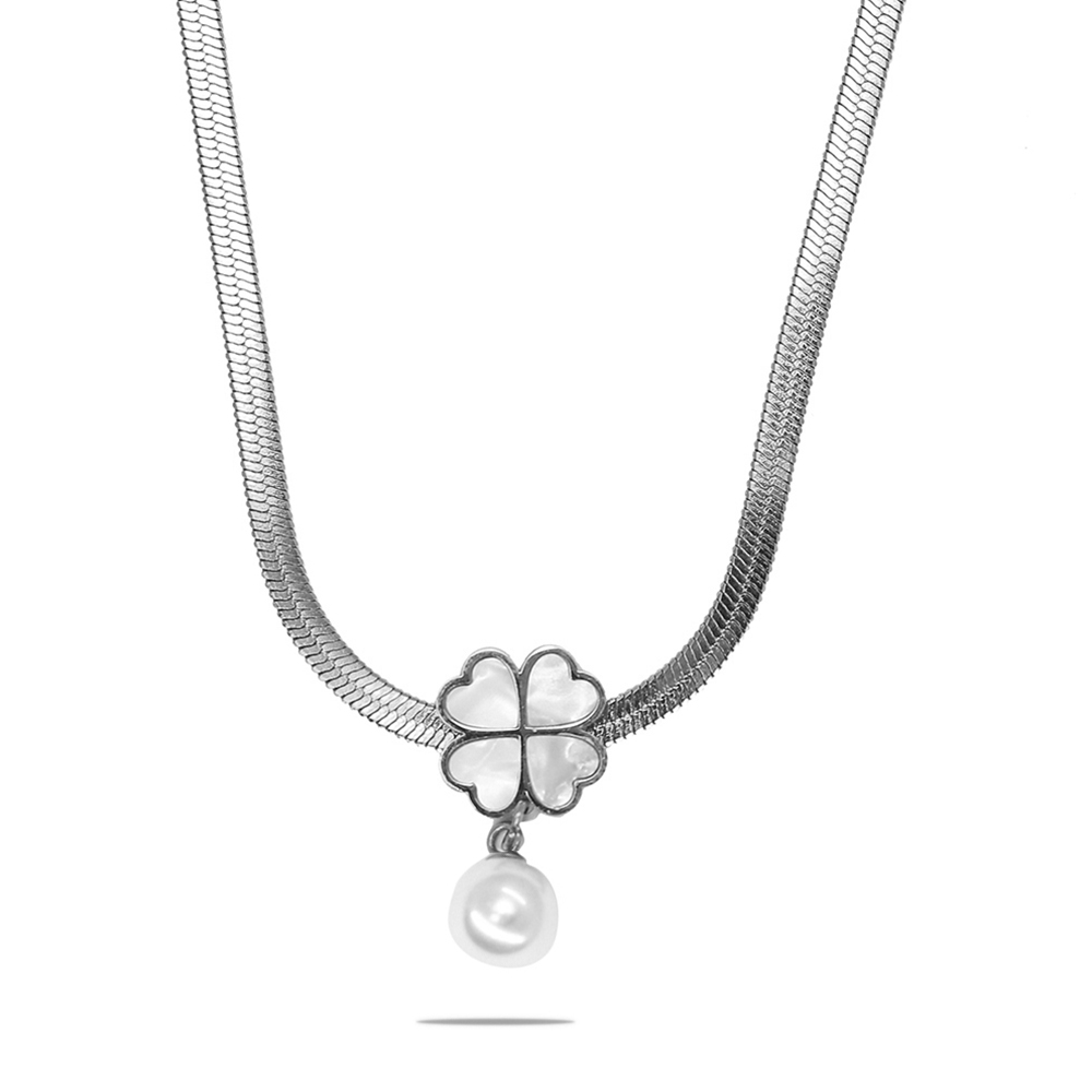 Gümüş Renk Kararmaz Metal Snake Zincirli Sedef Taşlı Yonca Yaprağı Detaylı İnci Doğaltaş Kadın Kolye - 2