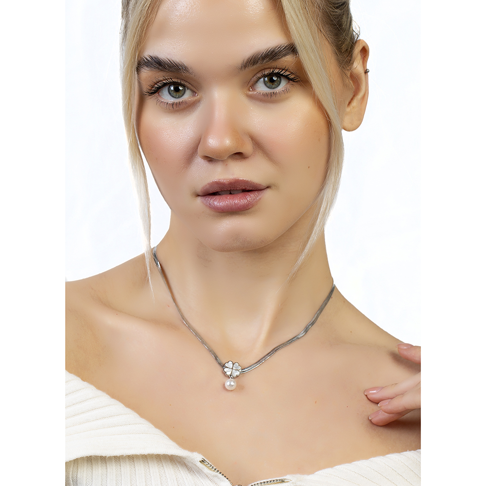 Gümüş Renk Kararmaz Metal Snake Zincirli Sedef Taşlı Yonca Yaprağı Detaylı İnci Doğaltaş Kadın Kolye - 3