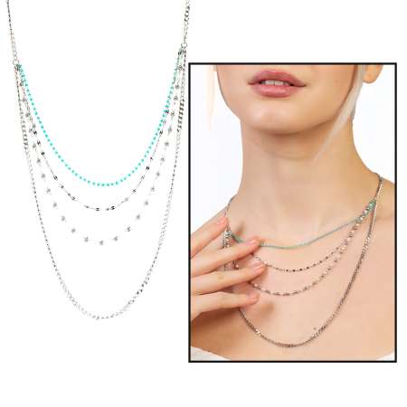 Gümüş Renk Kararmaz Metal Zincirli Firuze İnci Doğaltaş Kombinasyonlu 3 lü Kadın Kolye - Tesbihane