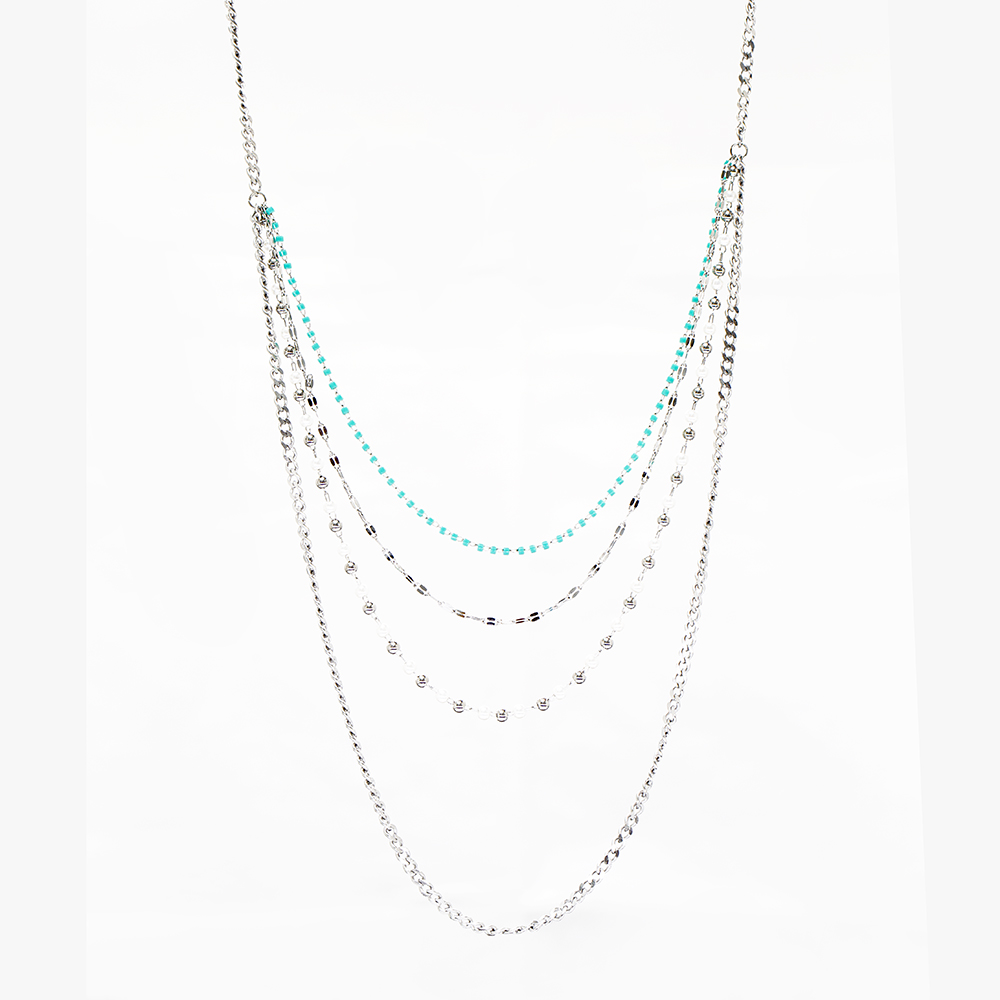 Gümüş Renk Kararmaz Metal Zincirli Firuze İnci Doğaltaş Kombinasyonlu 3 lü Kadın Kolye - 2