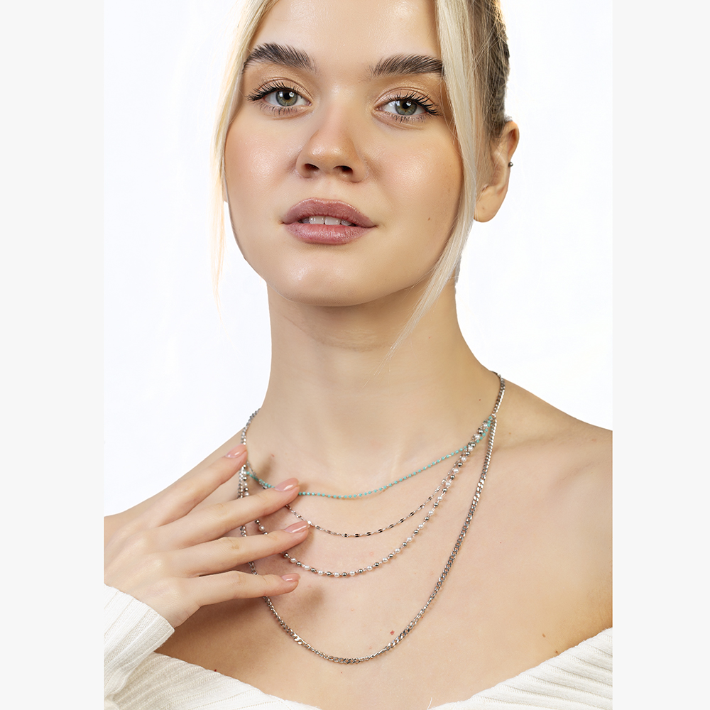 Gümüş Renk Kararmaz Metal Zincirli Firuze İnci Doğaltaş Kombinasyonlu 3 lü Kadın Kolye - 3