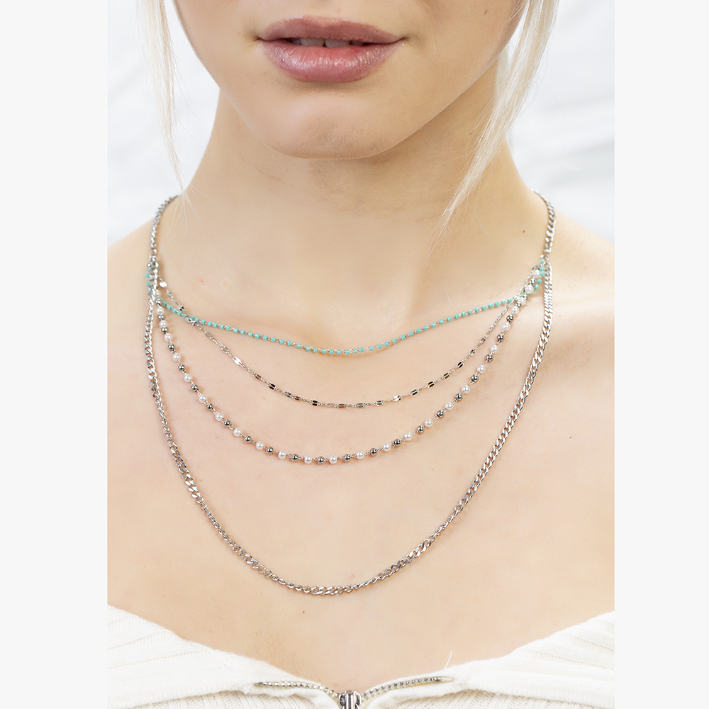 Gümüş Renk Kararmaz Metal Zincirli Firuze İnci Doğaltaş Kombinasyonlu 3 lü Kadın Kolye - 4