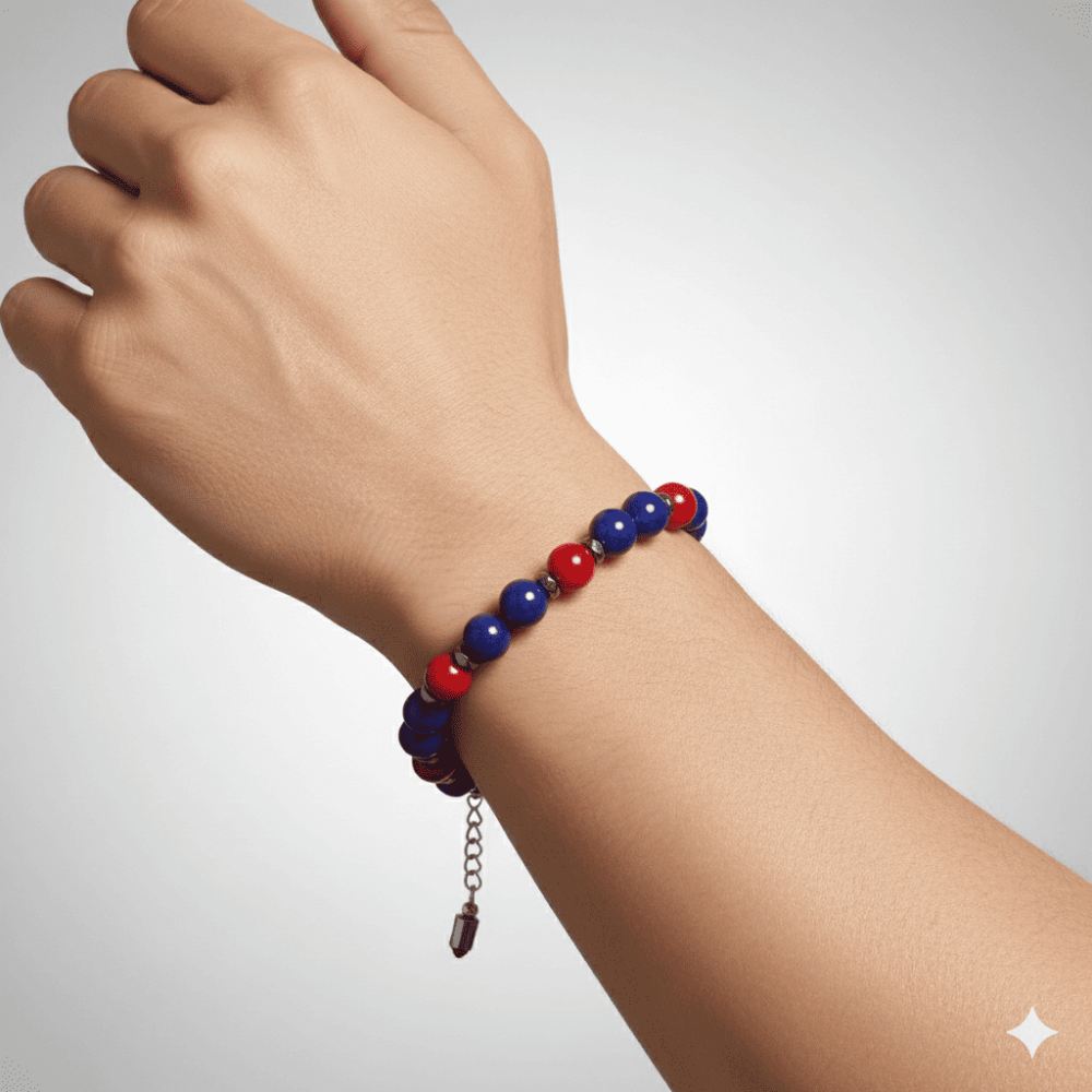 Gümüş Renk Kararmaz Metal Zincir Küre Kesim Bordo Mavi Jade Hematit Doğaltaş Erkek Taraftar Bileklik - 2