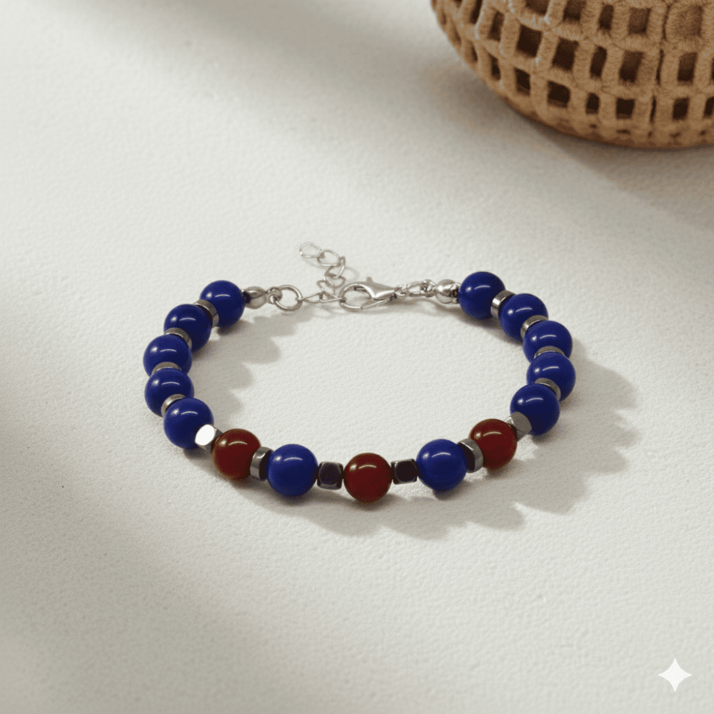 Gümüş Renk Kararmaz Metal Zincir Küre Kesim Bordo Mavi Jade Hematit Doğaltaş Erkek Taraftar Bileklik - 3