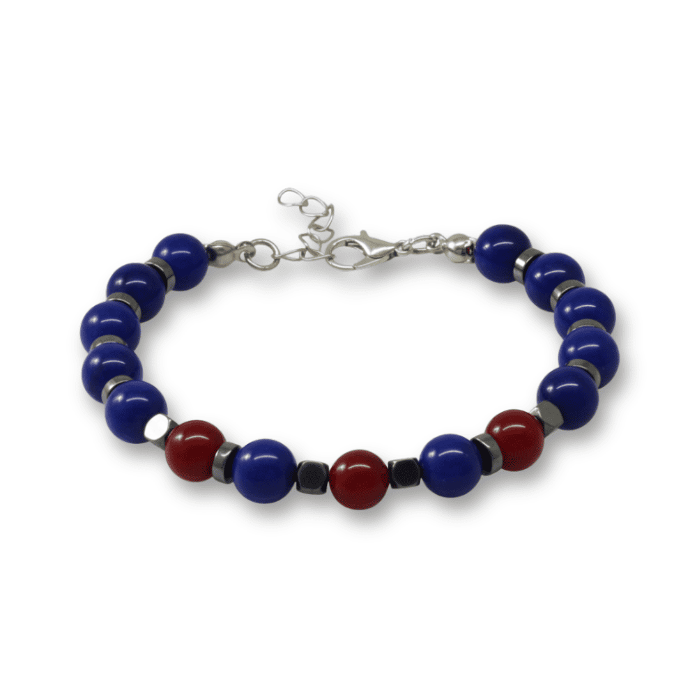 Gümüş Renk Kararmaz Metal Zincir Küre Kesim Bordo Mavi Jade Hematit Doğaltaş Erkek Taraftar Bileklik - 4