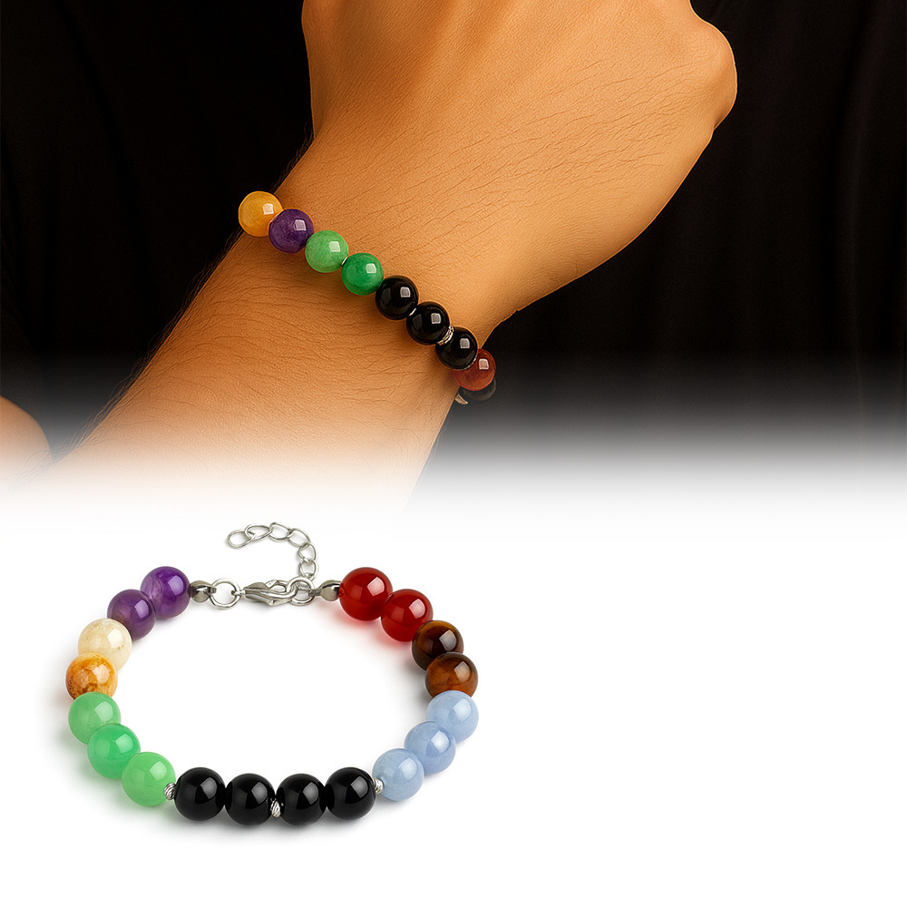 Gümüş Renk Kararmaz Metal Zincirli Küre Kesim Çoklu Doğaltaş Kombinli Erkek Başarı Bilekliği - 1