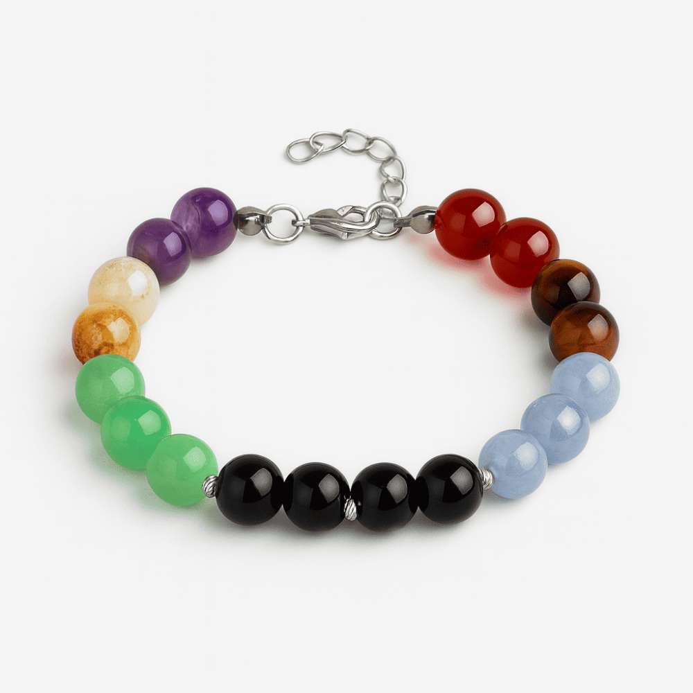 Gümüş Renk Kararmaz Metal Zincirli Küre Kesim Çoklu Doğaltaş Kombinli Erkek Başarı Bilekliği - 2