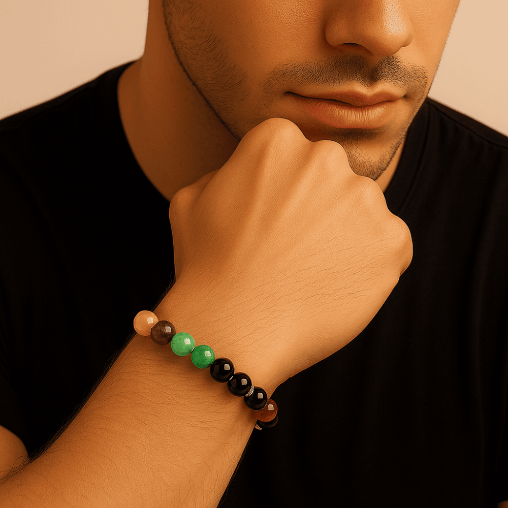 Gümüş Renk Kararmaz Metal Zincirli Küre Kesim Çoklu Doğaltaş Kombinli Erkek Başarı Bilekliği - 3