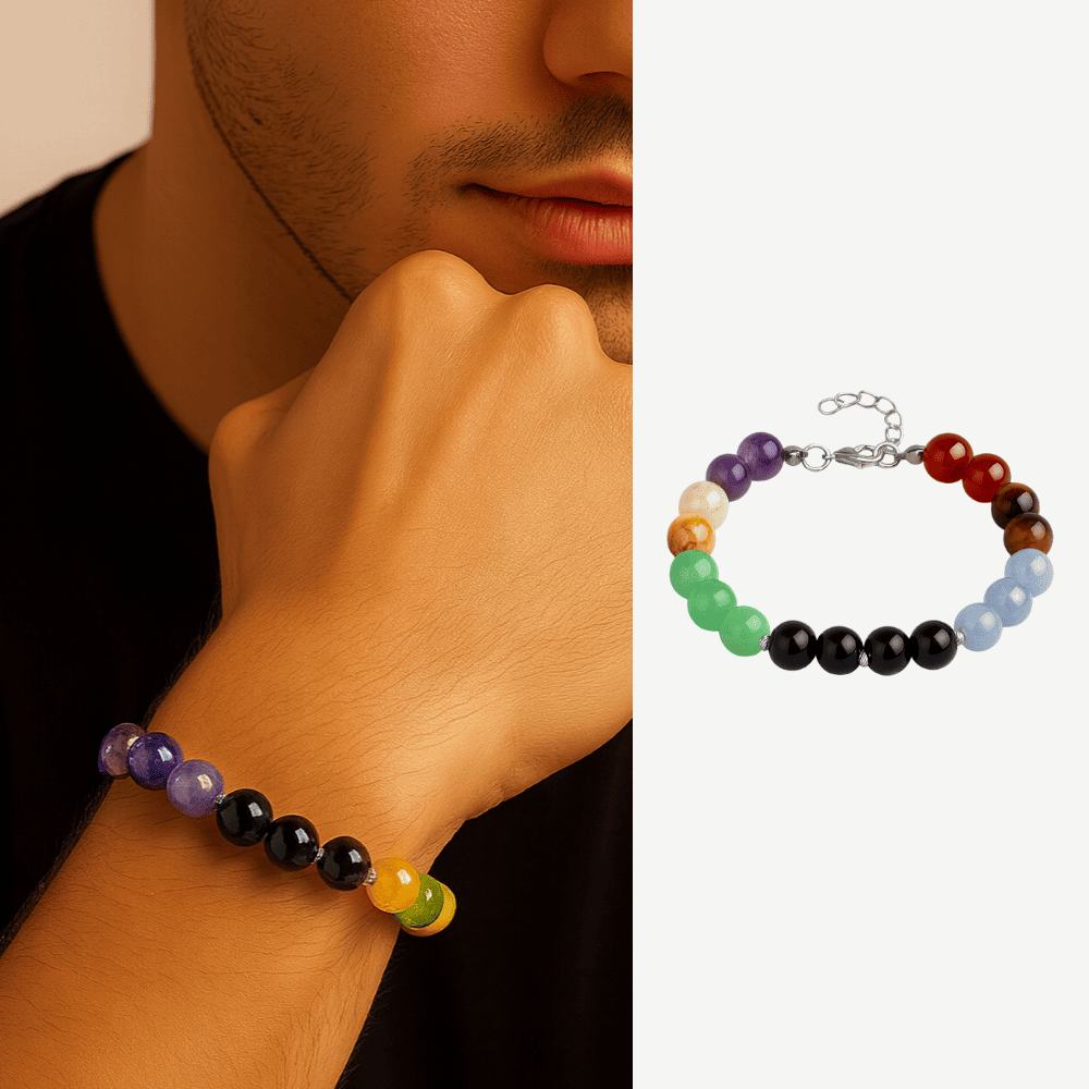 Gümüş Renk Kararmaz Metal Zincirli Küre Kesim Çoklu Doğaltaş Kombinli Erkek Başarı Bilekliği - 1