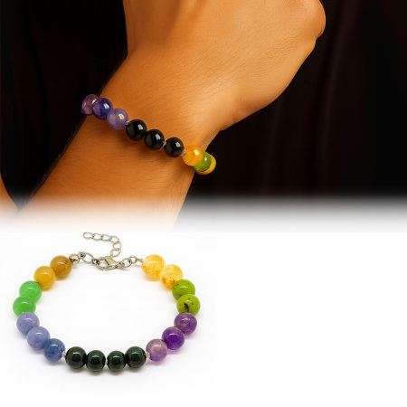 Gümüş Renk Kararmaz Metal Zincirli Küre Kesim Çoklu Doğaltaş Kombinli Erkek Şifa Bilekliği - Tesbihane