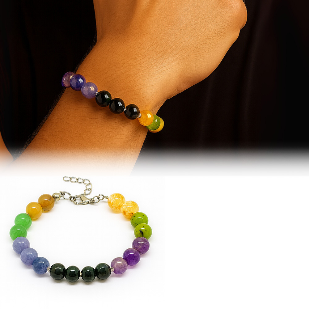 Gümüş Renk Kararmaz Metal Zincirli Küre Kesim Çoklu Doğaltaş Kombinli Erkek Şifa Bilekliği - 1