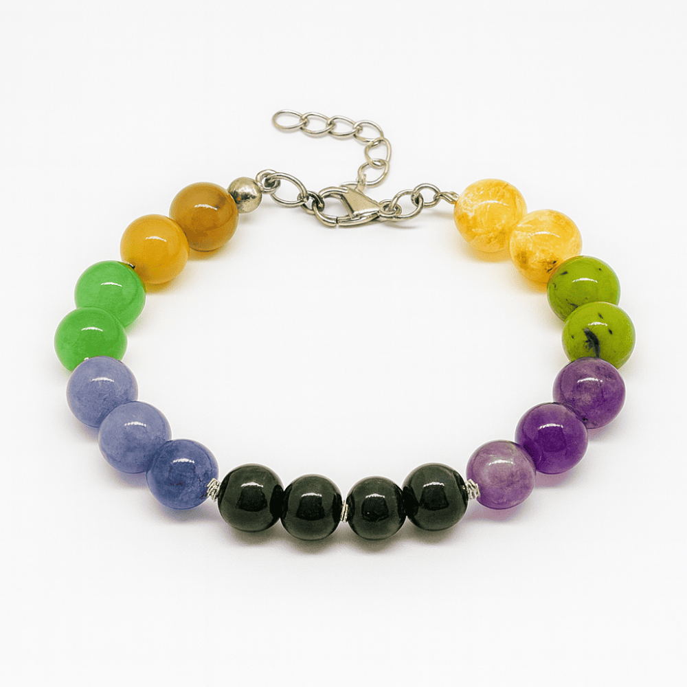 Gümüş Renk Kararmaz Metal Zincirli Küre Kesim Çoklu Doğaltaş Kombinli Erkek Şifa Bilekliği - 2