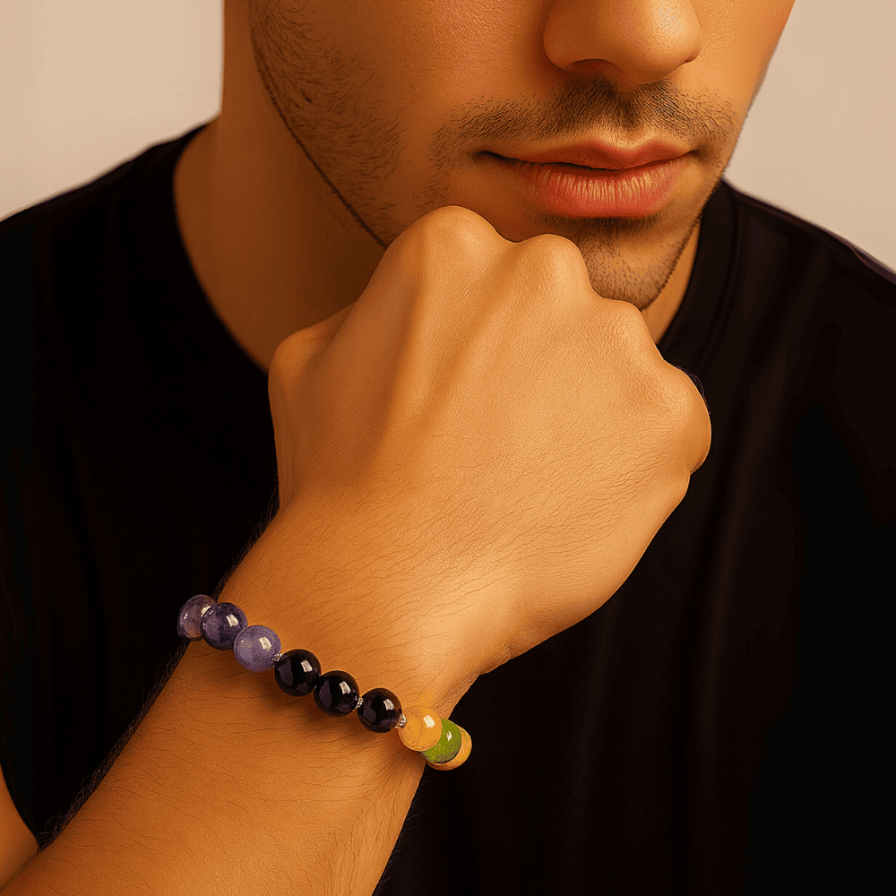 Gümüş Renk Kararmaz Metal Zincirli Küre Kesim Çoklu Doğaltaş Kombinli Erkek Şifa Bilekliği - 3