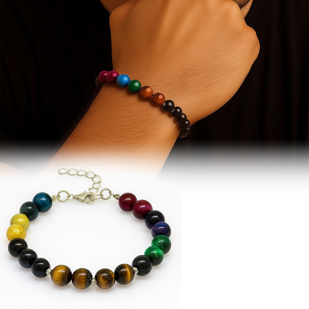 Gümüş Renk Metal Zincirli Küre Kesim Çoklu Kaplan Gözü Doğaltaş Kombinli Erkek Enerji Bilekliği - 1