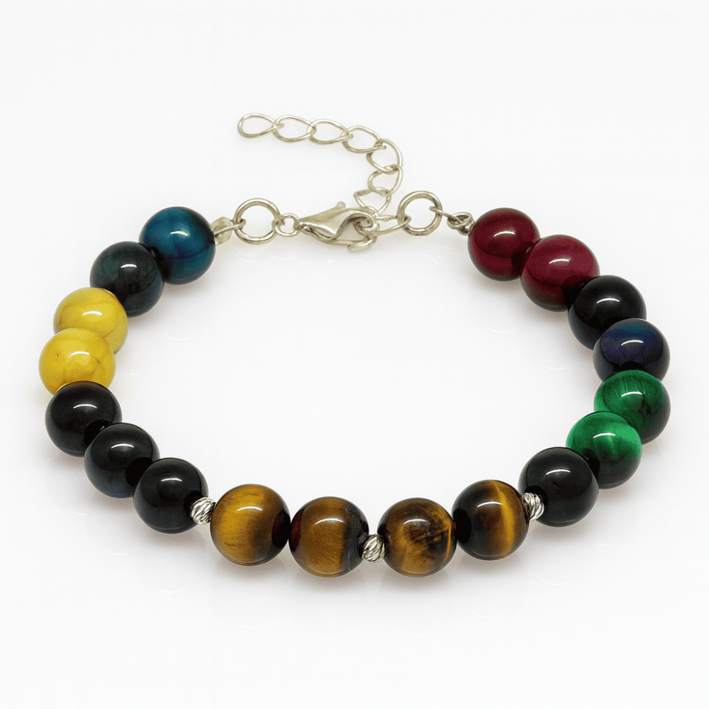 Gümüş Renk Metal Zincirli Küre Kesim Çoklu Kaplan Gözü Doğaltaş Kombinli Erkek Enerji Bilekliği - 2