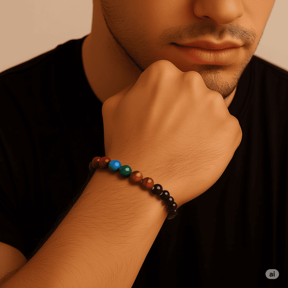 Gümüş Renk Metal Zincirli Küre Kesim Çoklu Kaplan Gözü Doğaltaş Kombinli Erkek Enerji Bilekliği - 3