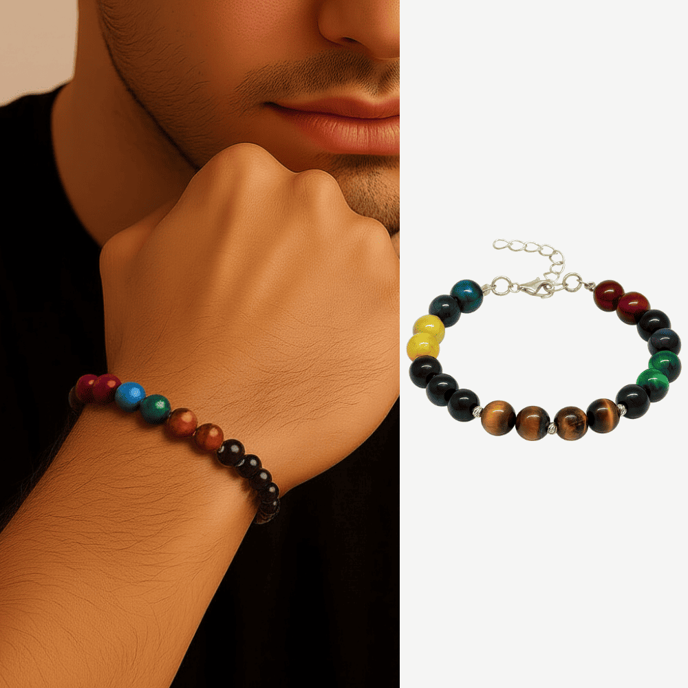 Gümüş Renk Metal Zincirli Küre Kesim Çoklu Kaplan Gözü Doğaltaş Kombinli Erkek Enerji Bilekliği - 1