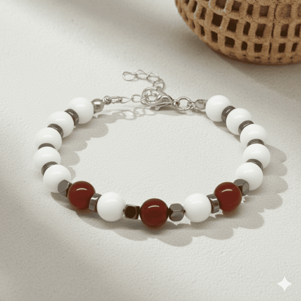 Gümüş Renk Metal Zincir Küre Kesim Kırmızı Beyaz Jade Akik Hematit Doğaltaş Erkek Taraftar Bileklik - 3