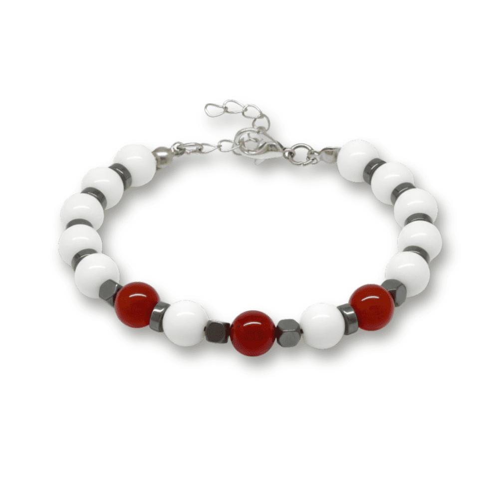 Gümüş Renk Metal Zincir Küre Kesim Kırmızı Beyaz Jade Akik Hematit Doğaltaş Erkek Taraftar Bileklik - 4
