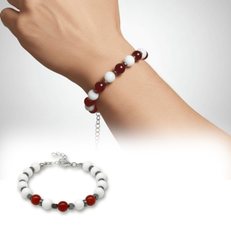 Gümüş Renk Metal Zincir Küre Kesim Kırmızı Beyaz Jade Akik Hematit Doğaltaş Erkek Taraftar Bileklik - Tesbihane