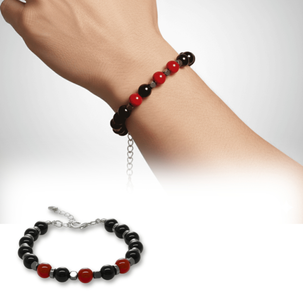 Gümüş Renk Metal Zincir Küre Kesim Kırmızı Siyah Akik Oniks Hematit Doğaltaş Erkek Taraftar Bileklik - 1