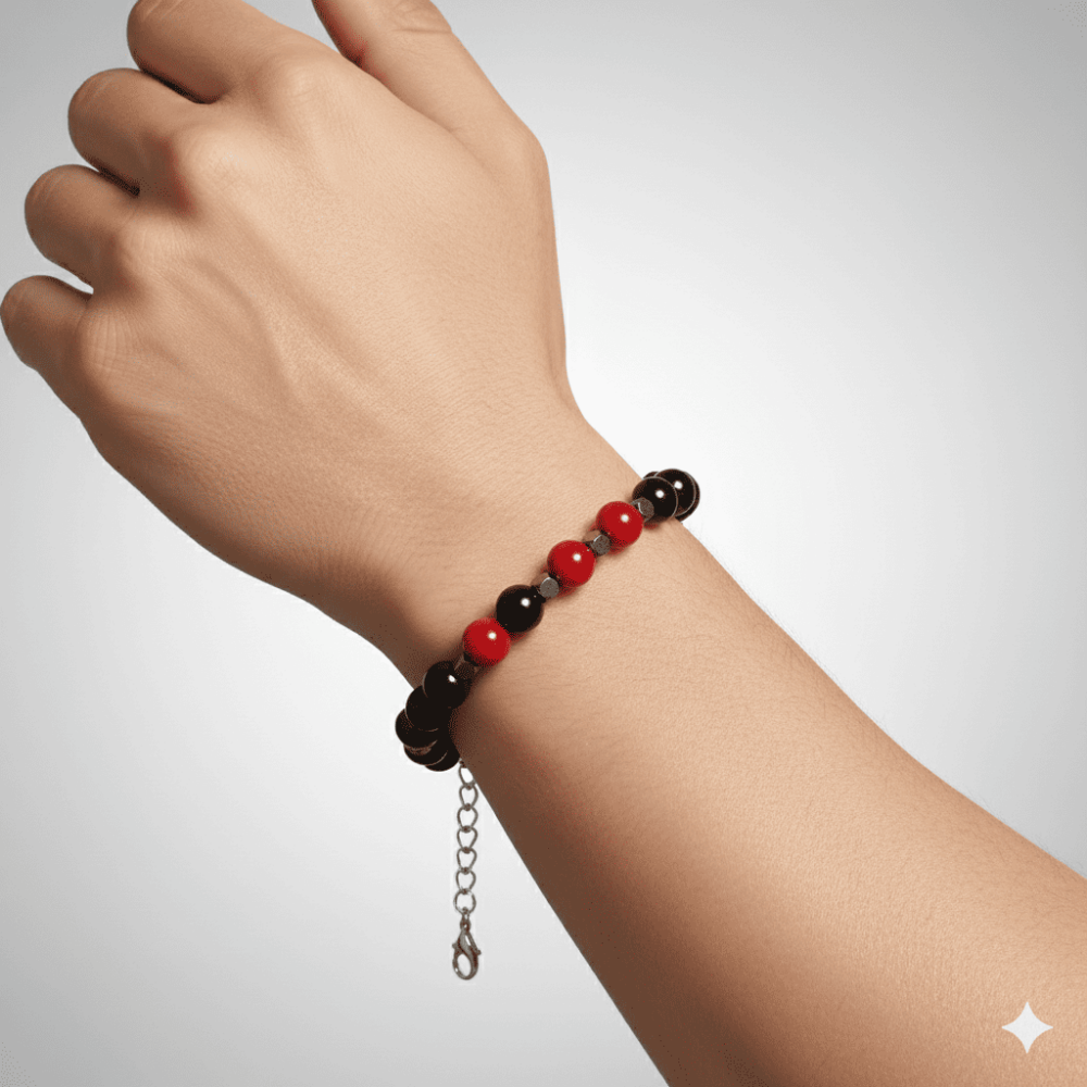 Gümüş Renk Metal Zincir Küre Kesim Kırmızı Siyah Akik Oniks Hematit Doğaltaş Erkek Taraftar Bileklik - 2