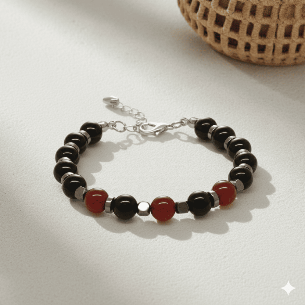 Gümüş Renk Metal Zincir Küre Kesim Kırmızı Siyah Akik Oniks Hematit Doğaltaş Erkek Taraftar Bileklik - 3