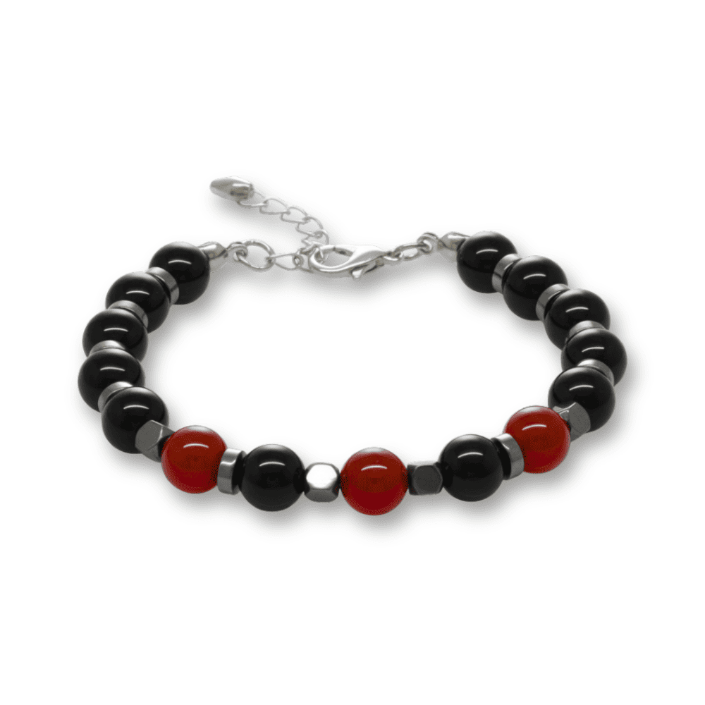 Gümüş Renk Metal Zincir Küre Kesim Kırmızı Siyah Akik Oniks Hematit Doğaltaş Erkek Taraftar Bileklik - 4