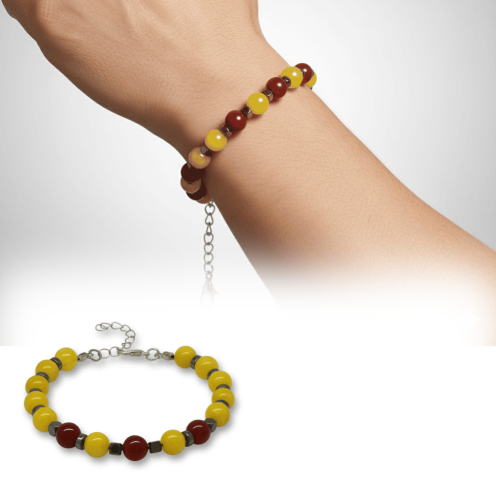 Gümüş Renk Metal Zincirli Küre Kesim Sarı Kırmızı Jade Akik Hematit Doğaltaş Erkek Taraftar Bileklik - 1