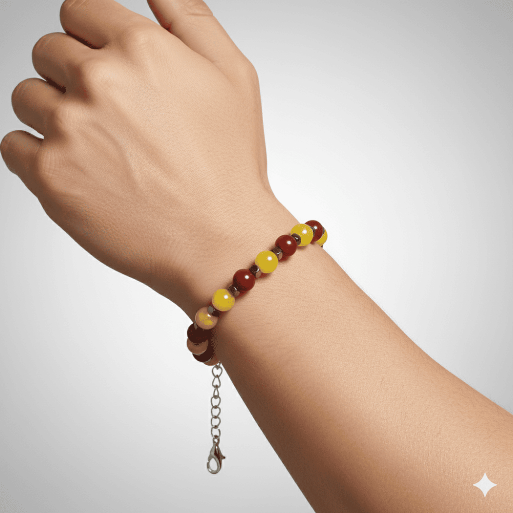 Gümüş Renk Metal Zincirli Küre Kesim Sarı Kırmızı Jade Akik Hematit Doğaltaş Erkek Taraftar Bileklik - 2