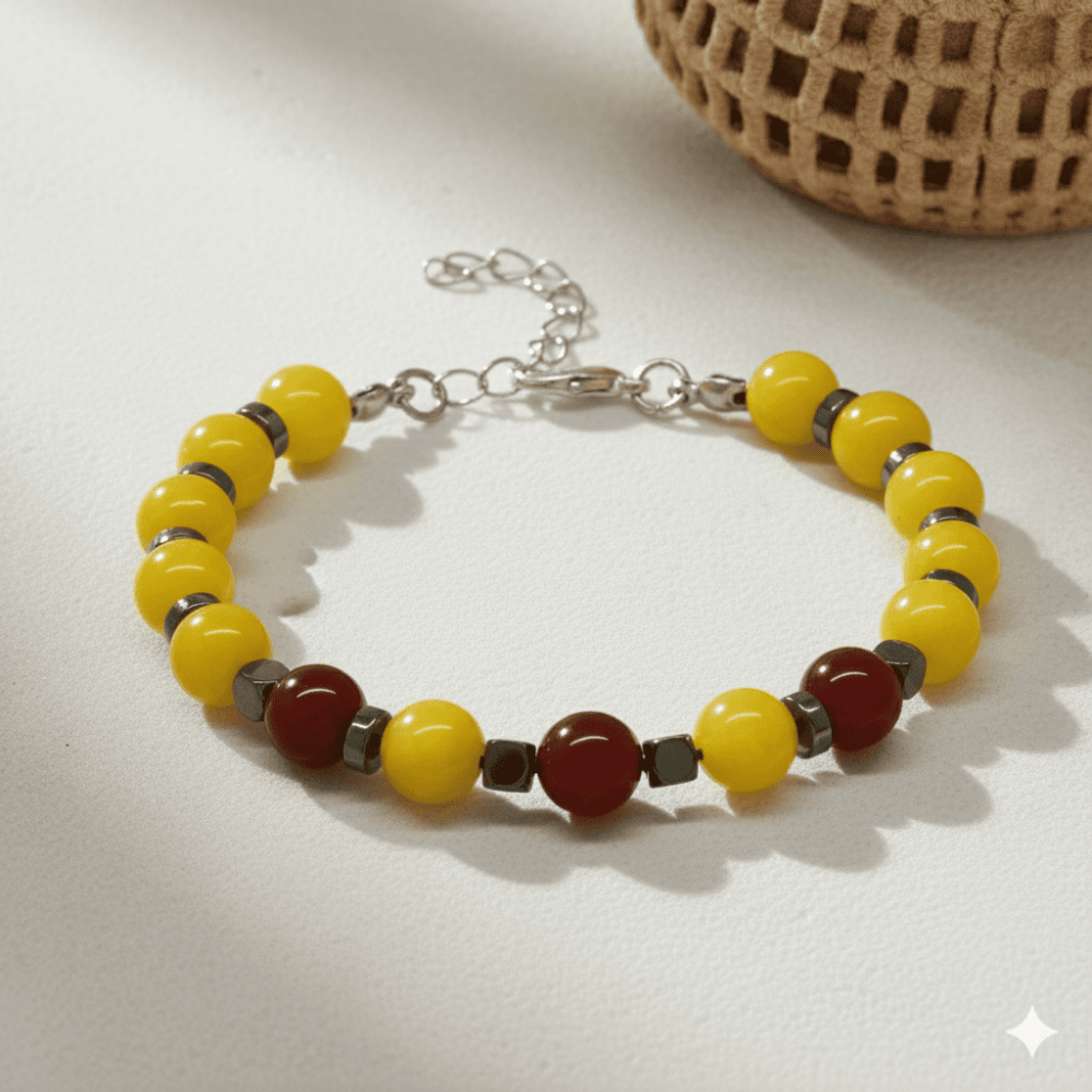 Gümüş Renk Metal Zincirli Küre Kesim Sarı Kırmızı Jade Akik Hematit Doğaltaş Erkek Taraftar Bileklik - 3