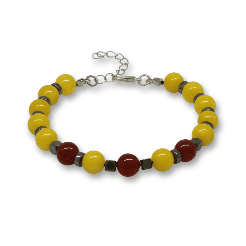 Gümüş Renk Metal Zincirli Küre Kesim Sarı Kırmızı Jade Akik Hematit Doğaltaş Erkek Taraftar Bileklik - 4