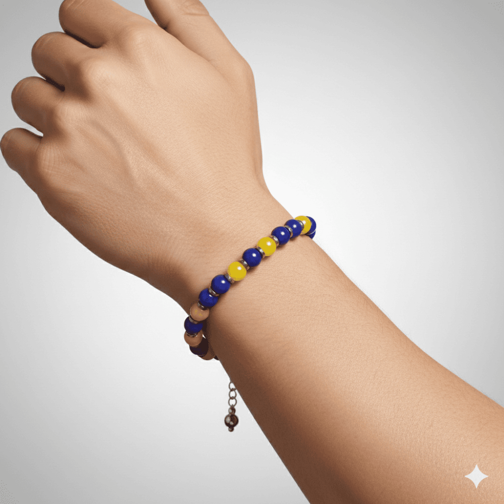 Gümüş Renk Metal Zincirli Küre Kesim Sarı Lacivert Jade Hematit Doğaltaş Erkek Taraftar Bileklik - 2