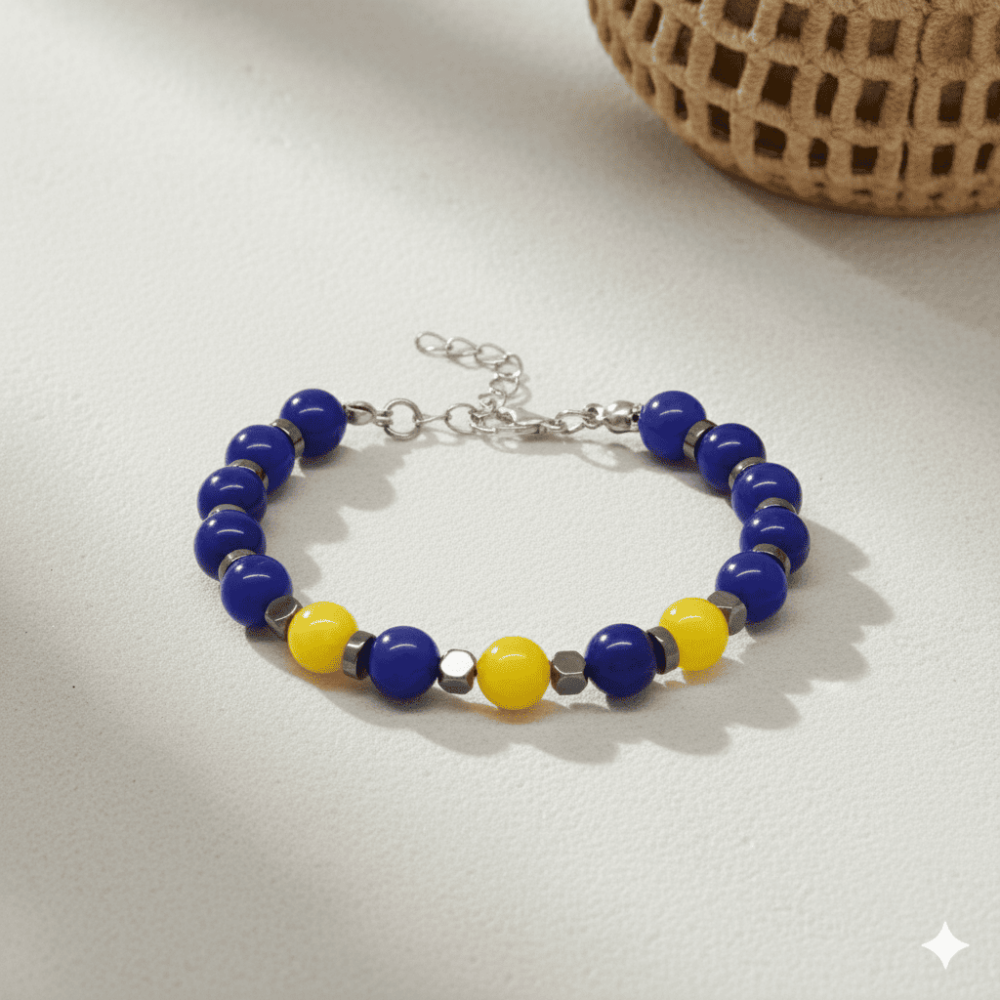 Gümüş Renk Metal Zincirli Küre Kesim Sarı Lacivert Jade Hematit Doğaltaş Erkek Taraftar Bileklik - 3