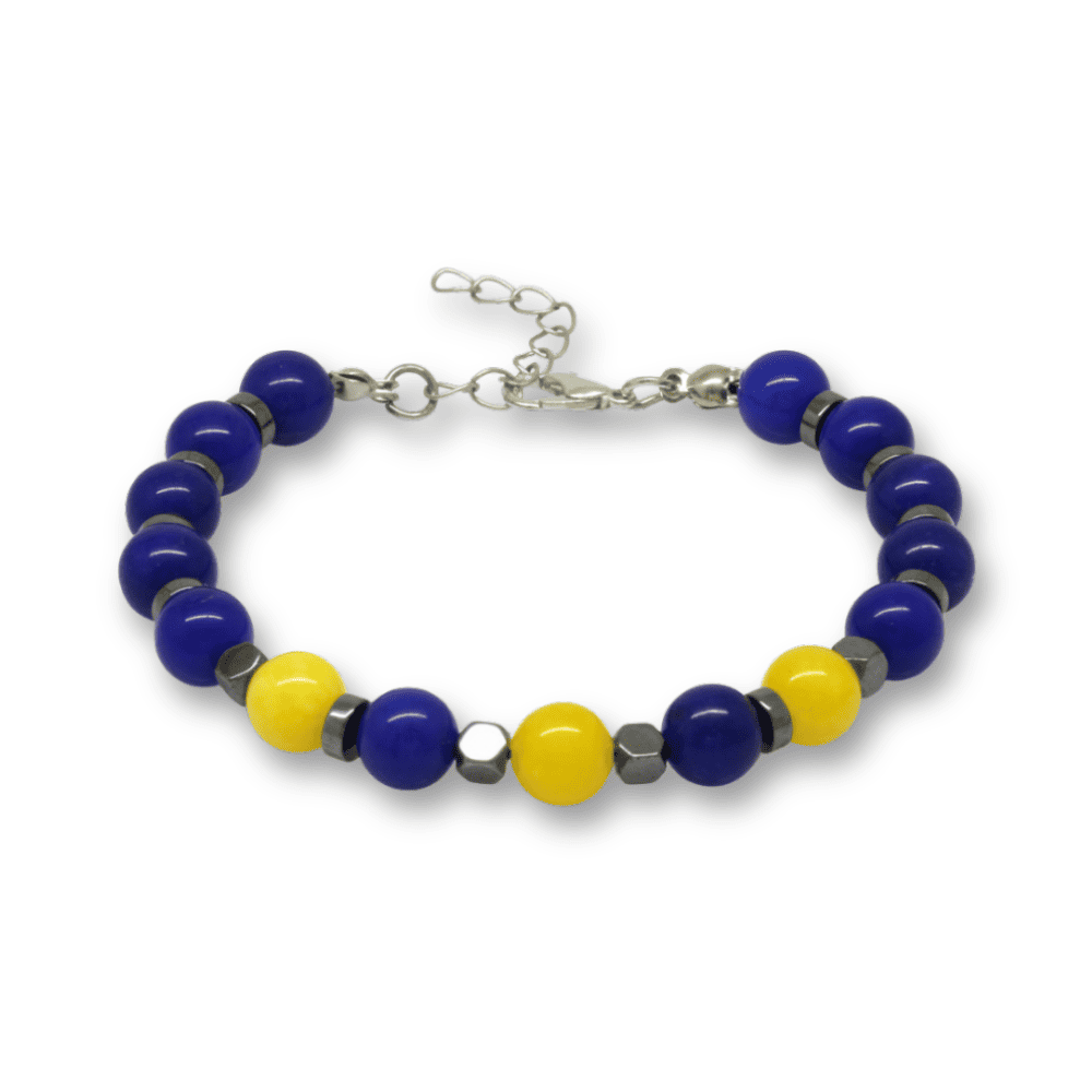 Gümüş Renk Metal Zincirli Küre Kesim Sarı Lacivert Jade Hematit Doğaltaş Erkek Taraftar Bileklik - 4
