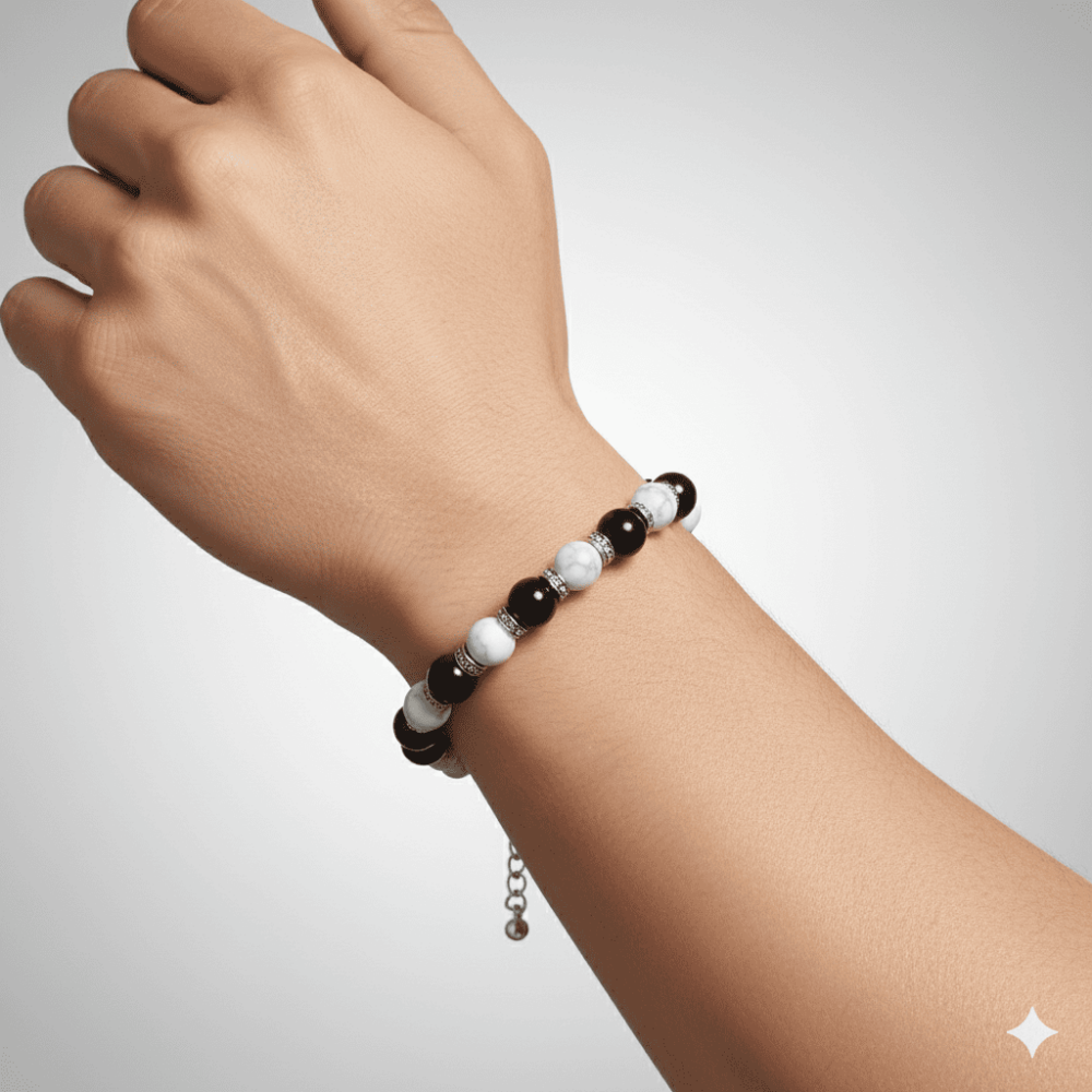 Gümüş Renk Metal Zincirli Küre Kesim Siyah Beyaz Jade Oniks Hematit Doğaltaş Erkek Taraftar Bileklik - 2