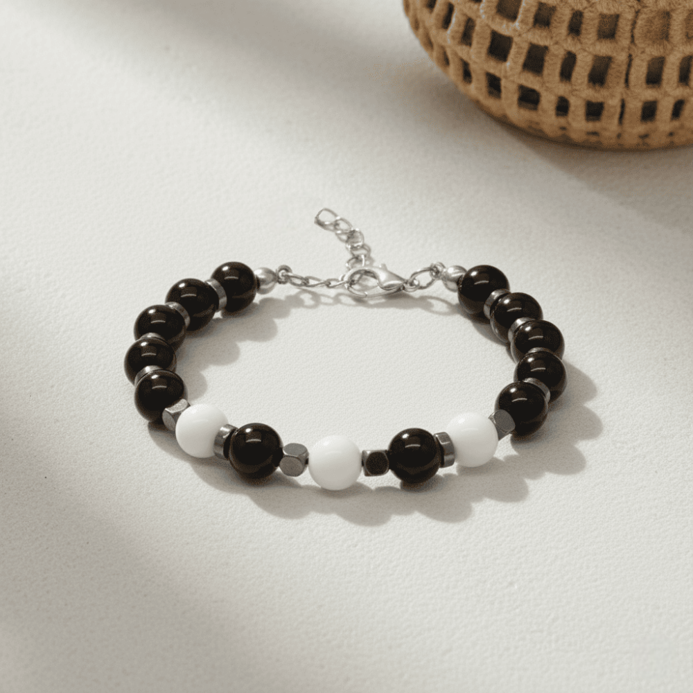 Gümüş Renk Metal Zincirli Küre Kesim Siyah Beyaz Jade Oniks Hematit Doğaltaş Erkek Taraftar Bileklik - 3