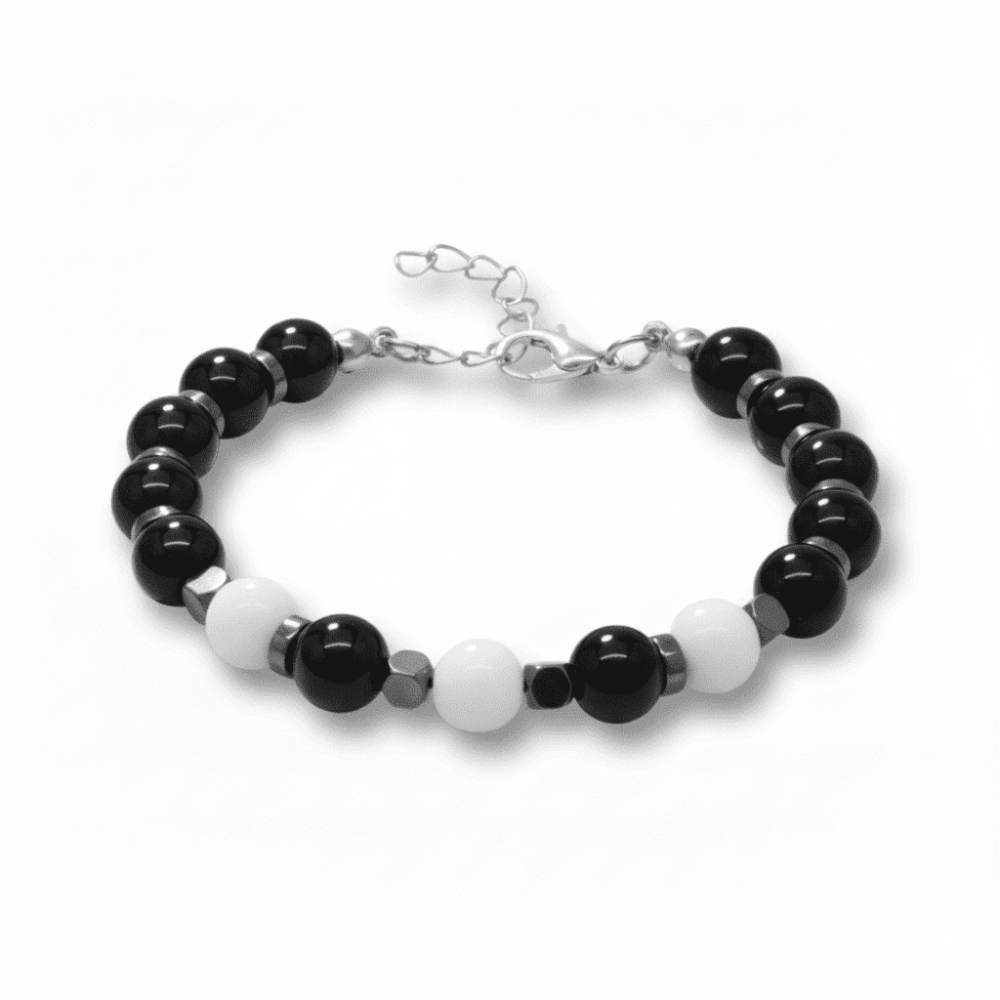 Gümüş Renk Metal Zincirli Küre Kesim Siyah Beyaz Jade Oniks Hematit Doğaltaş Erkek Taraftar Bileklik - 4