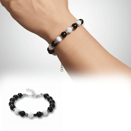 Gümüş Renk Metal Zincirli Küre Kesim Siyah Beyaz Jade Oniks Hematit Doğaltaş Erkek Taraftar Bileklik - Tesbihane