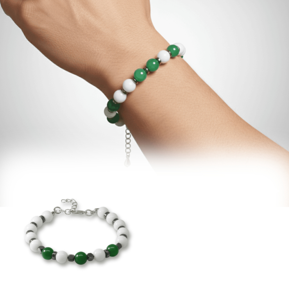 Gümüş Renk Metal Zincirli Küre Kesim Yeşil Beyaz Jade Hematit Doğaltaş Erkek Taraftar Bileklik - 1