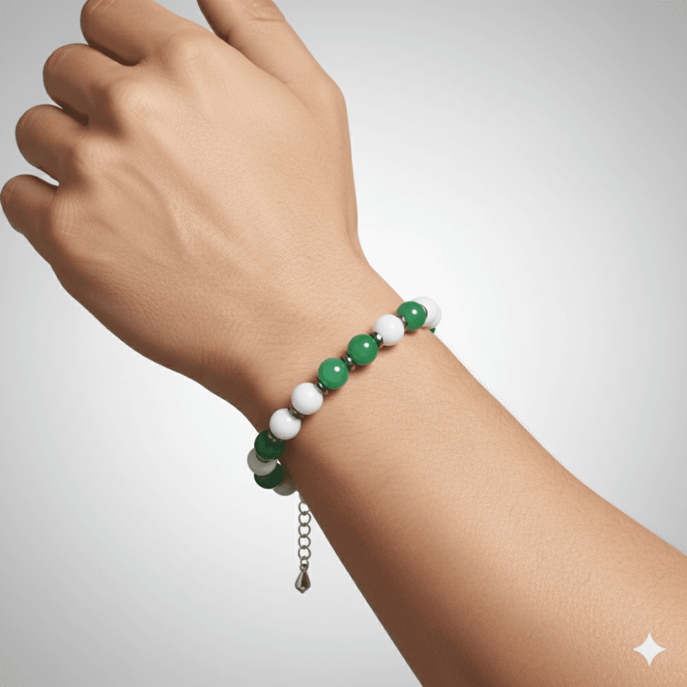 Gümüş Renk Metal Zincirli Küre Kesim Yeşil Beyaz Jade Hematit Doğaltaş Erkek Taraftar Bileklik - 2
