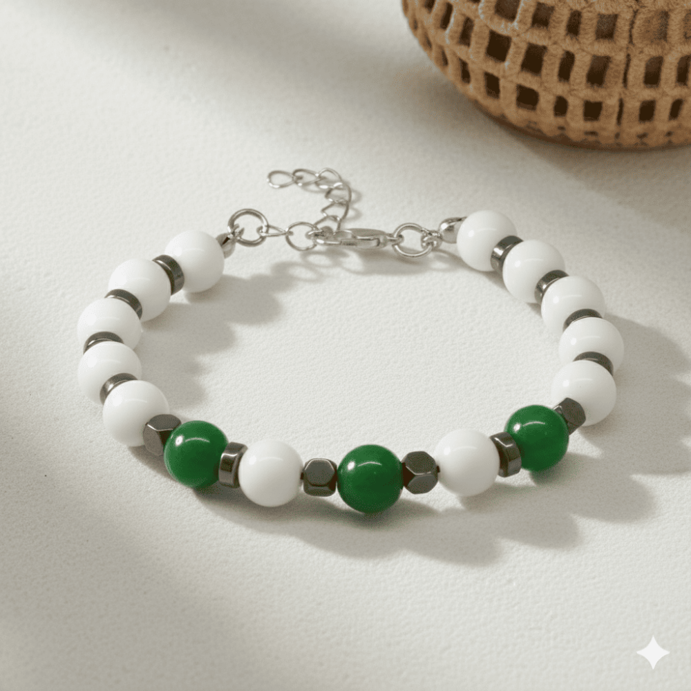 Gümüş Renk Metal Zincirli Küre Kesim Yeşil Beyaz Jade Hematit Doğaltaş Erkek Taraftar Bileklik - 3