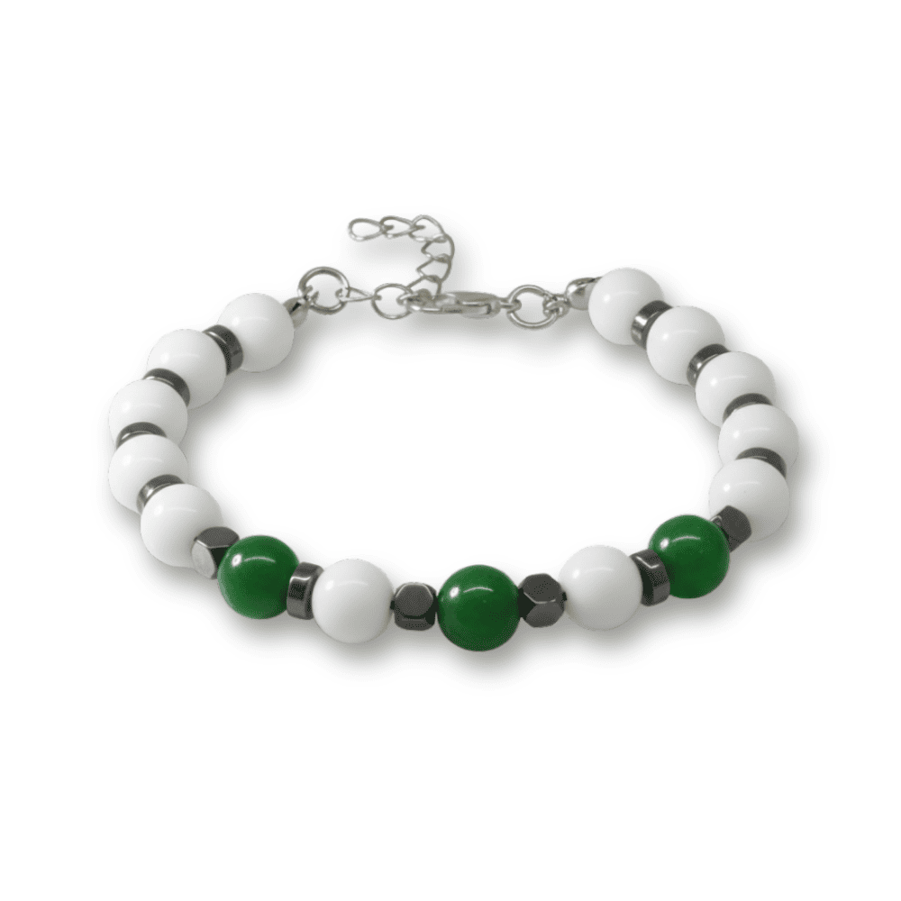 Gümüş Renk Metal Zincirli Küre Kesim Yeşil Beyaz Jade Hematit Doğaltaş Erkek Taraftar Bileklik - 4