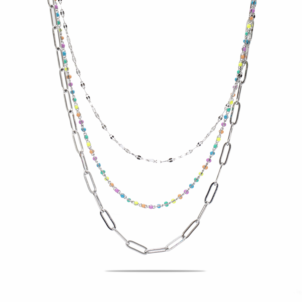 Gümüş Renk Kararmaz Metal Zincirli Çok Renkli Doğaltaş Kombinasyonlu 3 lü Kadın Kolye - 2