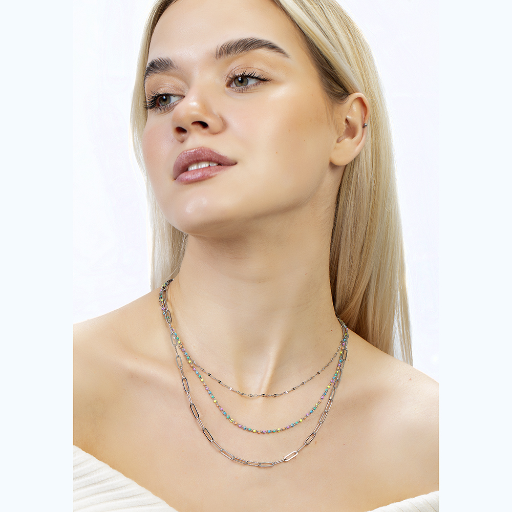 Gümüş Renk Kararmaz Metal Zincirli Çok Renkli Doğaltaş Kombinasyonlu 3 lü Kadın Kolye - 3